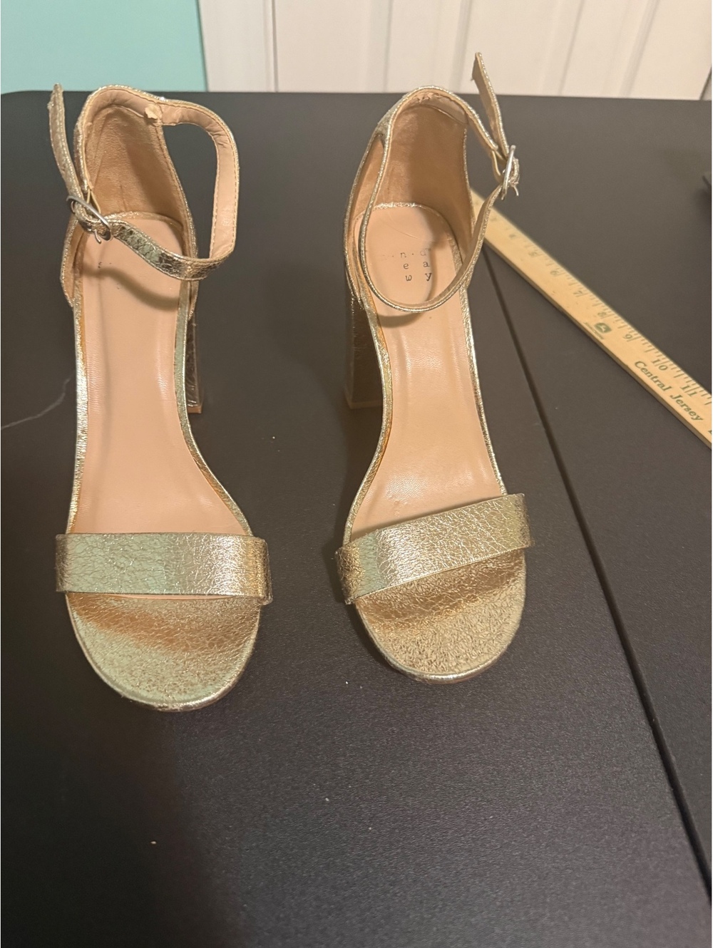 Gold Metallic Ankle Strap Block Heel Sandals Size 6.5